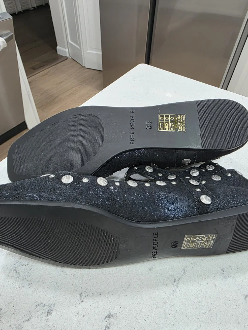 Free People Navy Metallic Mystic studded Mary Jane Flats size 9.5